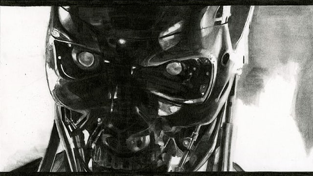 eine schwarz-weiss Zeichnung eines Roboters eine schwarz-weiss Zeichnung eines Roboters