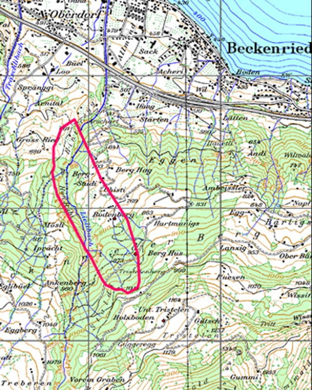 Landkarte mit eingezeichnetem Hangrutschgebiet. Landkarte mit eingezeichnetem Hangrutschgebiet.