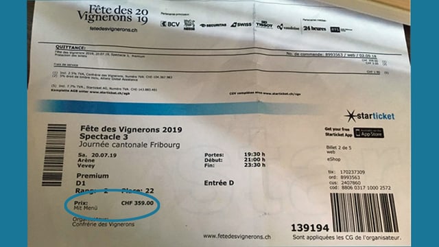 Ticket mit Vermerkt «Mit Menü». Ticket mit Vermerkt «Mit Menü».