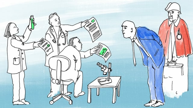 eine Illustration, die mehrere Wissenschaftler zeigt, die Alain Berset ihre Berichte vorhalten eine Illustration, die mehrere Wissenschaftler zeigt, die Alain Berset ihre Berichte vorhalten