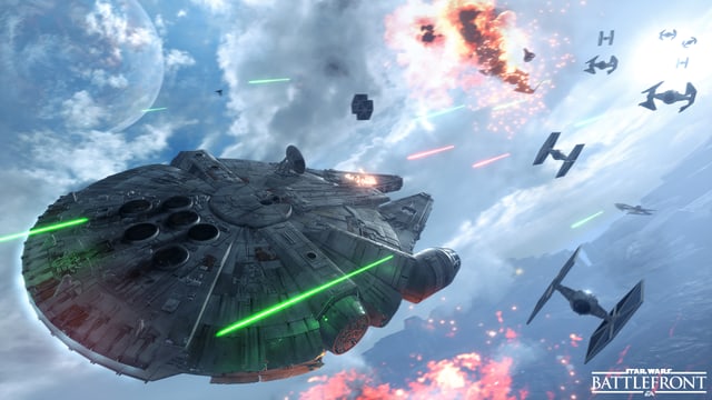 Der Millenium Falcon im Luftkamp mit TIE Fightern. Der Millenium Falcon im Luftkamp mit TIE Fightern.