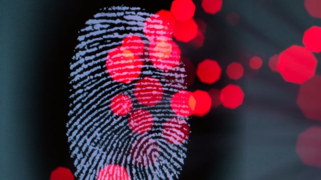 Ein Fingerabdruck vor digitalen Pixeln. Ein Fingerabdruck vor digitalen Pixeln.
