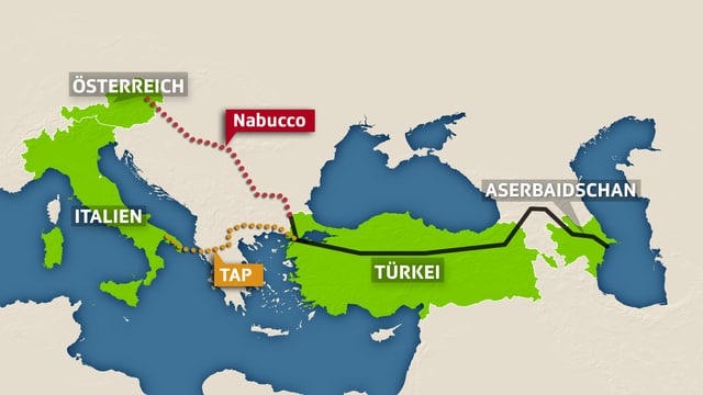 Grafik der geplanten Nabucco- und TAP-Pipeline. (srf) Grafik der geplanten Nabucco- und TAP-Pipeline. (srf)