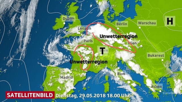 Wolkenverteilung in Europa auf dem Satellitenbild vom Dienstag 29.05.2018 Wolkenverteilung in Europa auf dem Satellitenbild vom Dienstag 29.05.2018