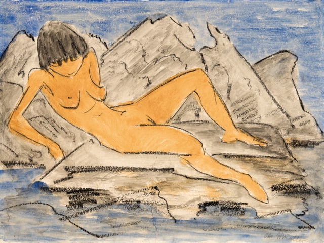 Ein Akt auf einem Felsen, von Meer umgeben.