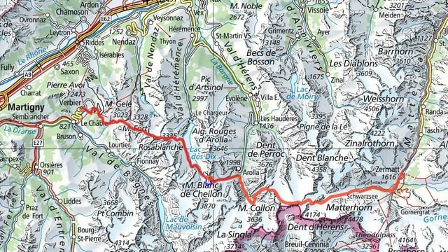 Karte mit der eingezeichneten Route. Karte mit der eingezeichneten Route.