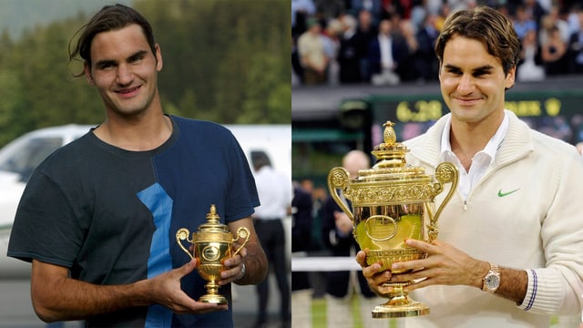 Roger Federer mit Baby-Pokal (links) und Original (rechts). Roger Federer mit Baby-Pokal (links) und Original (rechts).