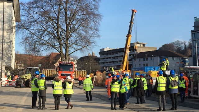 Baum auf Lastwagen, Menschen mit gelben Schutzwesten davor Baum auf Lastwagen, Menschen mit gelben Schutzwesten davor