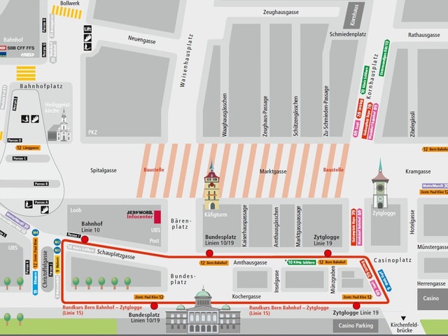 Situationsplan der verschiedenen Tram- und Buslinien während der Sanierung. Situationsplan der verschiedenen Tram- und Buslinien während der Sanierung.