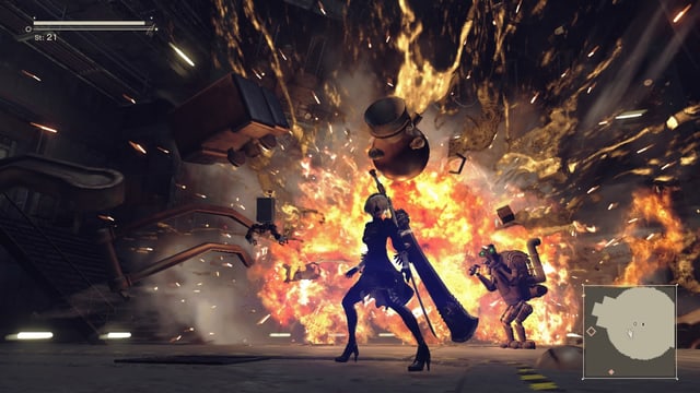 2B in cooler Pose vor einem riesigen explodierenden Boss. 2B in cooler Pose vor einem riesigen explodierenden Boss.