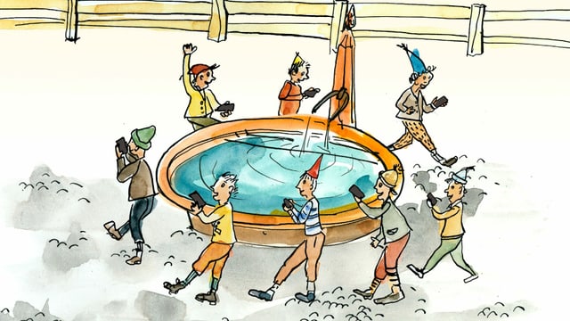 Kinder gehen um einem Brunnen. Kinder gehen um einem Brunnen.