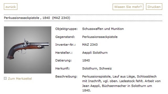 Ausschnitt aus dem Onlineinventar des Zeughauses. Ausschnitt aus dem Onlineinventar des Zeughauses.