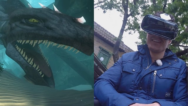 Zweigeteiltes Bild: Links ein Fantasiedrache, rechts Tobias Müller mit Virtual-Reality-Brille Zweigeteiltes Bild: Links ein Fantasiedrache, rechts Tobias Müller mit Virtual-Reality-Brille