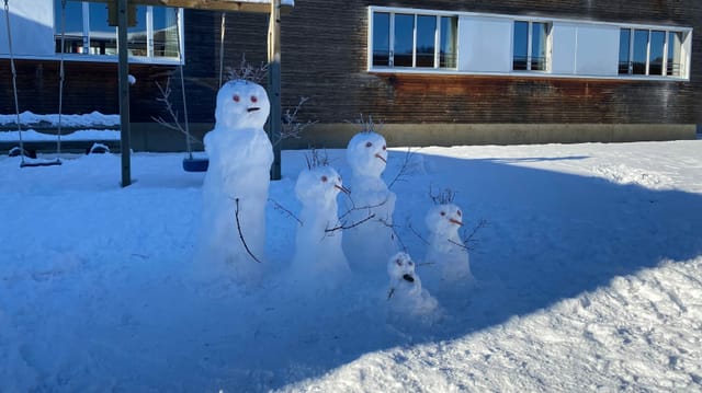 Fünf Schneemänner stehen vor einem Haus.