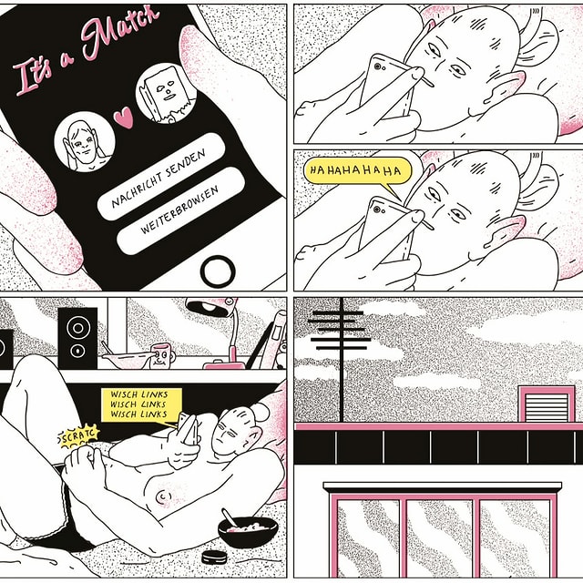 Bilder aus einem Comic: Handyscreen, auf dem "it's a match" steht. Gesicht einer Frau, sie lacht. Sie liegt auf einem Bett, aus dem Handy kommt eine Sprechblase, in der steht: "Wisch links, wisch links, wisch links." Bilder aus einem Comic: Handyscreen, auf dem "it's a match" steht. Gesicht einer Frau, sie lacht. Sie liegt auf einem Bett, aus dem Handy kommt eine Sprechblase, in der steht: "Wisch links, wisch links, wisch links."