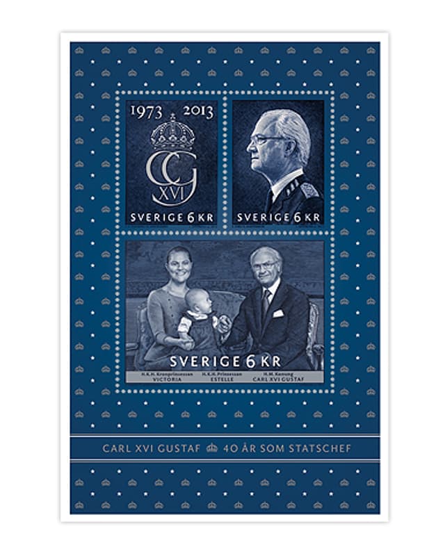 Briefmarkenblock mit König Gustaf, Prinzessin Victoria und Prinzessin Estelle von Schweden Briefmarkenblock mit König Gustaf, Prinzessin Victoria und Prinzessin Estelle von Schweden