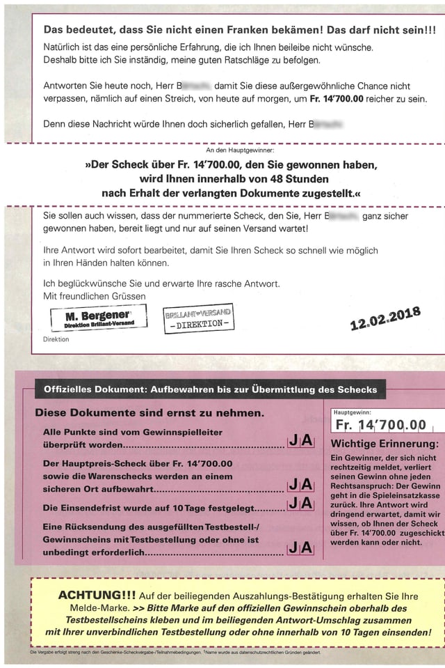 Die Rückseite einer "Gewinnbenachrichtigung". Die Rückseite einer "Gewinnbenachrichtigung".