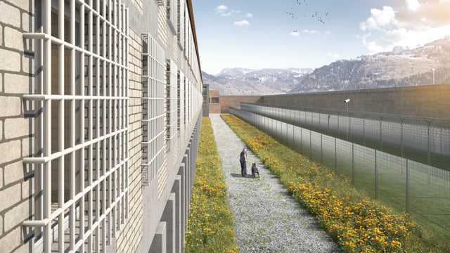 Eine Computerillustration einer vergitterten Aussenwand, hinten die Berge. Eine Computerillustration einer vergitterten Aussenwand, hinten die Berge.