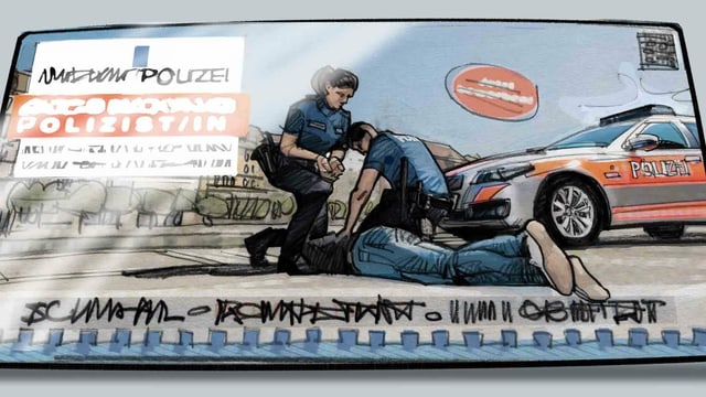 Illustration eines Polizeiplakates, das zwei Polizeileute zeigt, die einen Menschen am Boden festhalten. Illustration eines Polizeiplakates, das zwei Polizeileute zeigt, die einen Menschen am Boden festhalten.