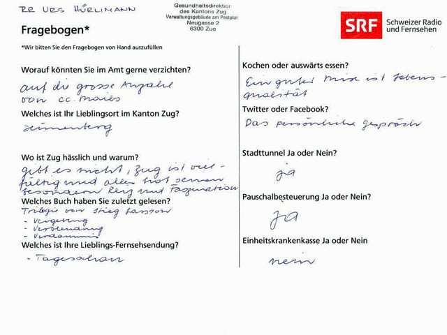 Der von Urs Hürlimann ausgefüllte Fragebogen. Der von Urs Hürlimann ausgefüllte Fragebogen.