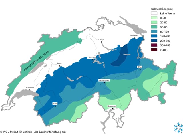 Vor allem am nördlichen Alpenkamm und an den nördlichen Voralpen liegt deutlich Mehr als 1 Meter Schnee. Vor allem am nördlichen Alpenkamm und an den nördlichen Voralpen liegt deutlich Mehr als 1 Meter Schnee.