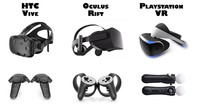 Drei VR-Brillen mit den jeweiligen Controllern