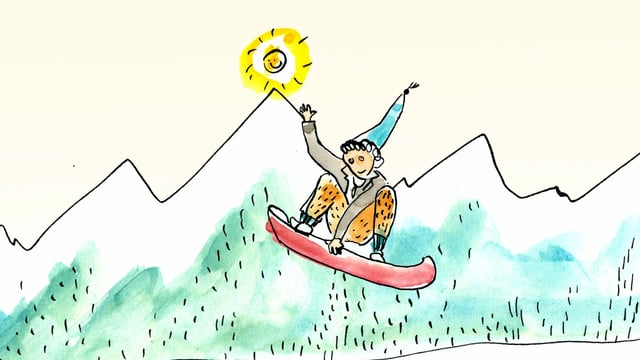 Schellen-Ursli auf dem Snowboard. Schellen-Ursli auf dem Snowboard.