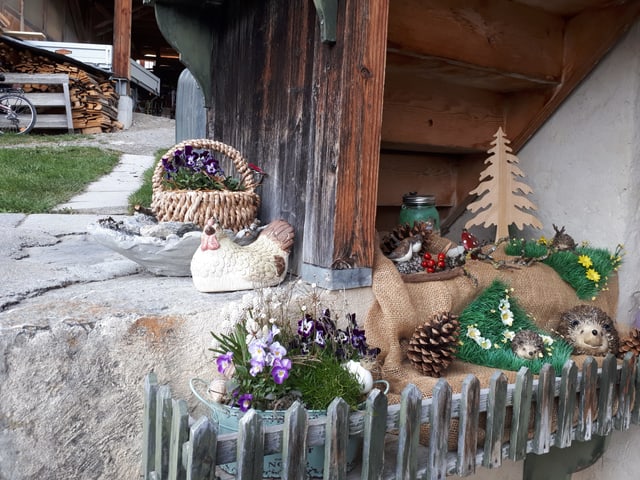Arrangement von Igeln, Tannzapfen Blumen, Körben und Gras.