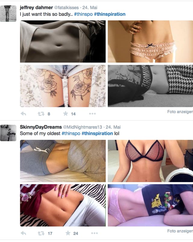Zwei Beispiele von Idealbildern, dieunter dem Hashtag #thinspiration gepostet werden. Zwei Beispiele von Idealbildern, dieunter dem Hashtag #thinspiration gepostet werden.