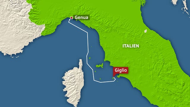 Die Schiffsroute entlang der italienischen Mittelmeerküste.