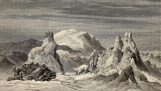 Skizze aus einem Buch: Männer machen mit einer Harpune Jagd auf einen Eisbären. Skizze aus einem Buch: Männer machen mit einer Harpune Jagd auf einen Eisbären.