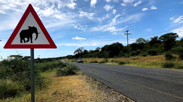 Ein Warnschild mit Elefant an einer Überlandstrasse in Botswana. Ein Warnschild mit Elefant an einer Überlandstrasse in Botswana.