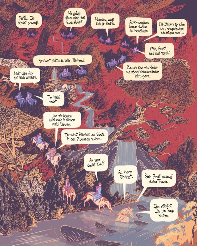 Comic: Ganzseitiges Bild, auf dem eine Frau einen Weg hinunter zu einem Fluss reitet. Comic: Ganzseitiges Bild, auf dem eine Frau einen Weg hinunter zu einem Fluss reitet.