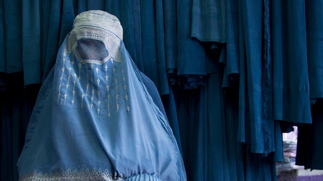 Eine Frau ist durch eine Burka verhüllt. Eine Frau ist durch eine Burka verhüllt.