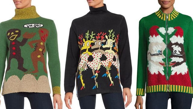 Drei Pullover - grün, schwarz, grün. Mit Weihnachtsmotiven. Drei Pullover - grün, schwarz, grün. Mit Weihnachtsmotiven.