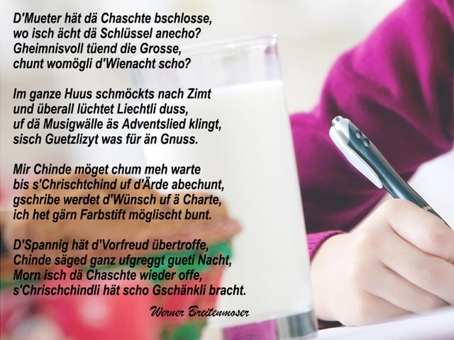 Ein Gedicht auf einem Bild mit einem Kind, das eine Karte schreibt.