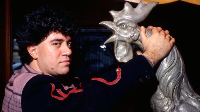 Pedo Almodóvar posiert mit einer Hahnen-Statue. Pedo Almodóvar posiert mit einer Hahnen-Statue.