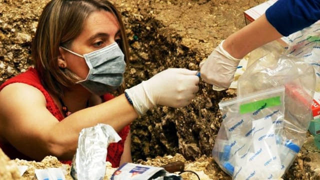 Frau mit Mundschutz in Erdloch übergibt Sedimentsprobe an Kollegin. Frau mit Mundschutz in Erdloch übergibt Sedimentsprobe an Kollegin.