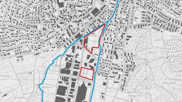 Eine Karte von Oberwil mit Markierungen. Eine Karte von Oberwil mit Markierungen.