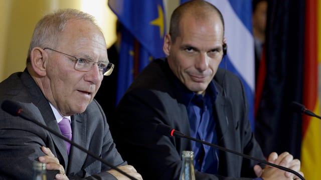 Wolfgang Schäuble und Yanis Varoufakis. Wolfgang Schäuble und Yanis Varoufakis.