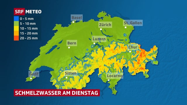 Schweizer Karte, die Menge an Schmelzwasser zeigt. Schweizer Karte, die Menge an Schmelzwasser zeigt.