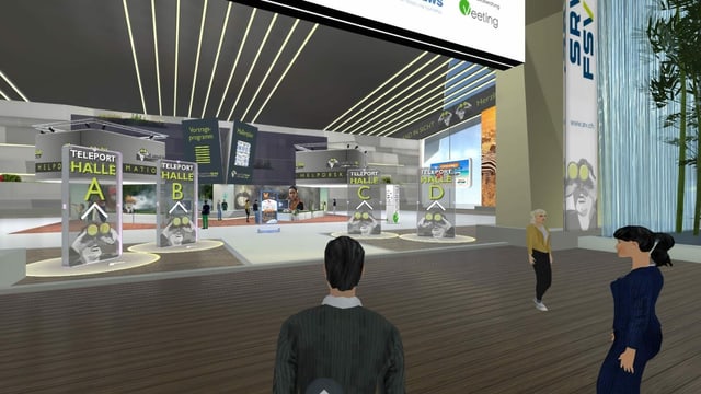 Virtueller Eingang zu einer Messehalle, im Vordergrund ein männlicher Avatar