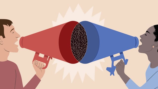 Ein Mann und eine Frau, die sich gegenseitig durch Megaphone anschreien. Ein Mann und eine Frau, die sich gegenseitig durch Megaphone anschreien.