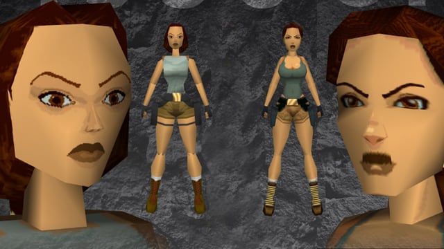 Lara Croft im Jahr 1996 (links) und mit deutlich sexualisierterer Erscheinung im Jahr 2000. Lara Croft im Jahr 1996 (links) und mit deutlich sexualisierterer Erscheinung im Jahr 2000.