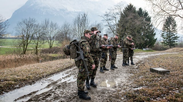 Schweizer Soldaten auf einer Landstrasse. Schweizer Soldaten auf einer Landstrasse.