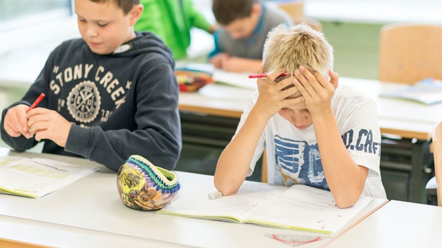 Zwei Schüler an einem Tisch in der Schule- Zwei Schüler an einem Tisch in der Schule-