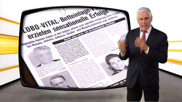 Der ehemalige Preisüberwacher Rudolf Strahm, stehend vor täuschendem Inserat Der ehemalige Preisüberwacher Rudolf Strahm, stehend vor täuschendem Inserat