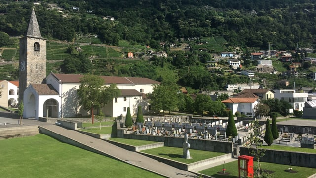 Ein Friedhof vor einer Kirche von oben. Ein Friedhof vor einer Kirche von oben.
