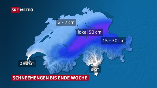 Die Karte zeigt wo bis Ende Woche wie viel Schnee erwartet werden darf. In den Alpen und Voralpen der Zentral- und Ostschweiz werden die grössten Mengen, lokal bis 50 Zentimeter erwartet. Die Karte zeigt wo bis Ende Woche wie viel Schnee erwartet werden darf. In den Alpen und Voralpen der Zentral- und Ostschweiz werden die grössten Mengen, lokal bis 50 Zentimeter erwartet.