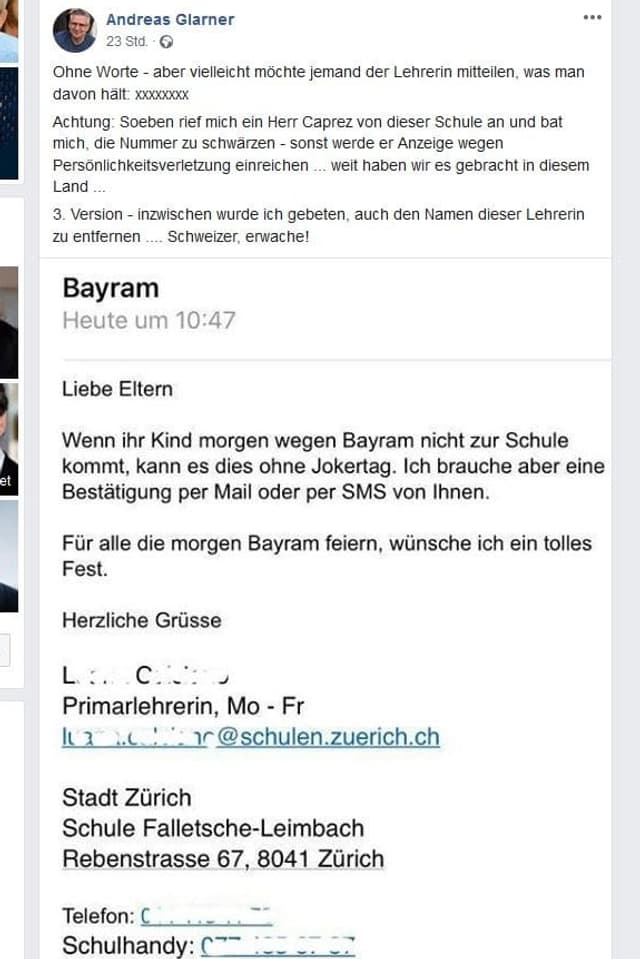 Der Facebook-Post von Andreas Glarner Der Facebook-Post von Andreas Glarner